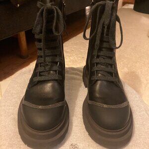 Brunello Cucinelli - Black Leather Lace Up Combat Boots